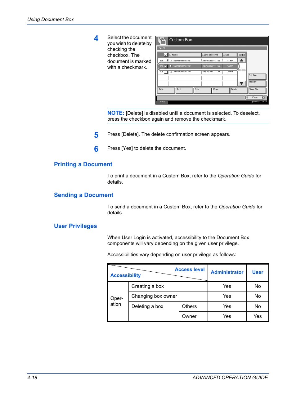 Printing a document, Sending a document, User privileges | TA Triumph-Adler DC 2325 User Manual | Page 136 / 311