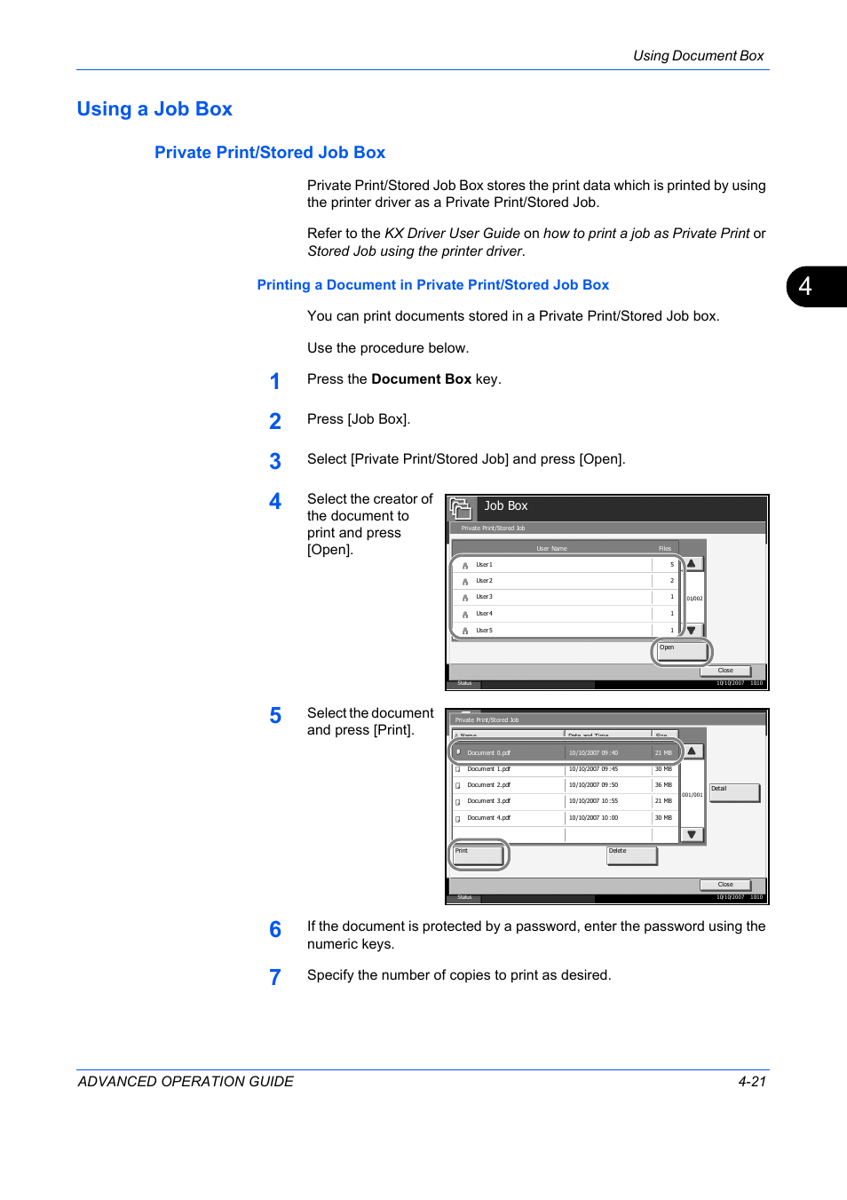 Using a job box, Private print/stored job box, Using a job box -21 | Using document box advanced operation guide 4-21, Press the document box key, Press [job box, Select [private print/stored job] and press [open, Select the document and press [print, Specify the number of copies to print as desired | TA Triumph-Adler DC 2325 User Manual | Page 139 / 311