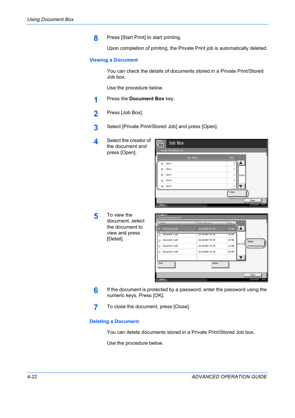 Using document box 4-22 advanced operation guide, Press the document box key, Press [job box | Select [private print/stored job] and press [open, Select the creator of the document and press [open | TA Triumph-Adler DC 2325 User Manual | Page 140 / 311