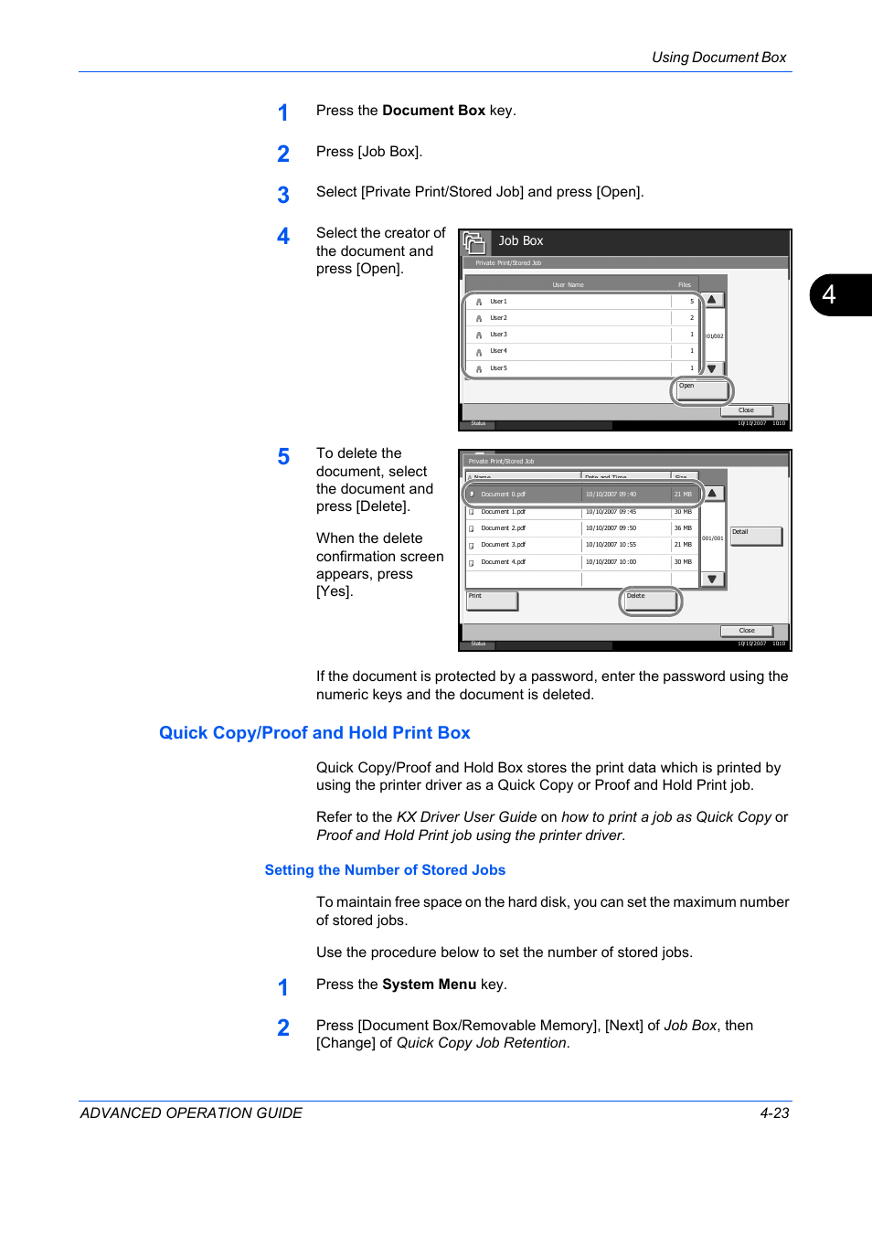 Quick copy/proof and hold print box, Using document box advanced operation guide 4-23, Press the document box key | Press [job box, Select [private print/stored job] and press [open, Select the creator of the document and press [open, Press the system menu key | TA Triumph-Adler DC 2325 User Manual | Page 141 / 311