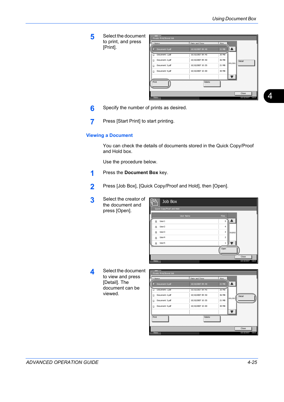 Using document box advanced operation guide 4-25, Select the document to print, and press [print, Specify the number of prints as desired | Press the document box key, Select the creator of the document and press [open, Job box | TA Triumph-Adler DC 2325 User Manual | Page 143 / 311
