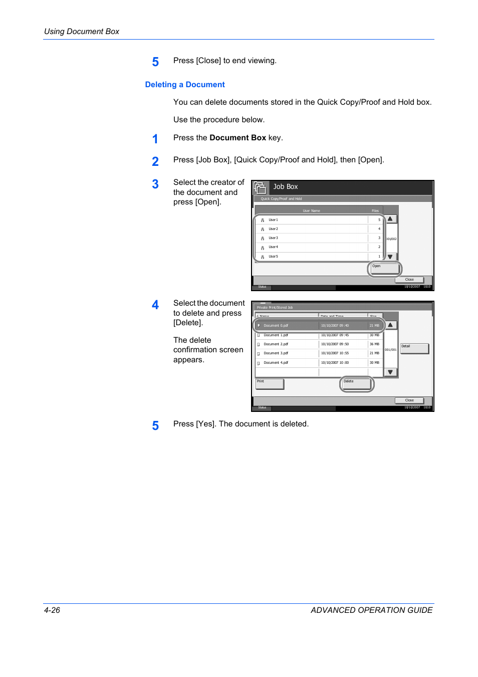 Using document box 4-26 advanced operation guide, Press the document box key, Select the creator of the document and press [open | Press [yes]. the document is deleted, Job box | TA Triumph-Adler DC 2325 User Manual | Page 144 / 311