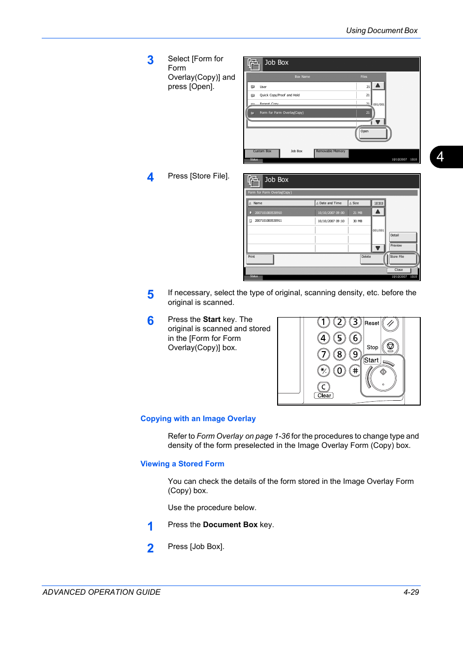 Using document box advanced operation guide 4-29, Press [store file, Press the document box key | Press [job box | TA Triumph-Adler DC 2325 User Manual | Page 147 / 311