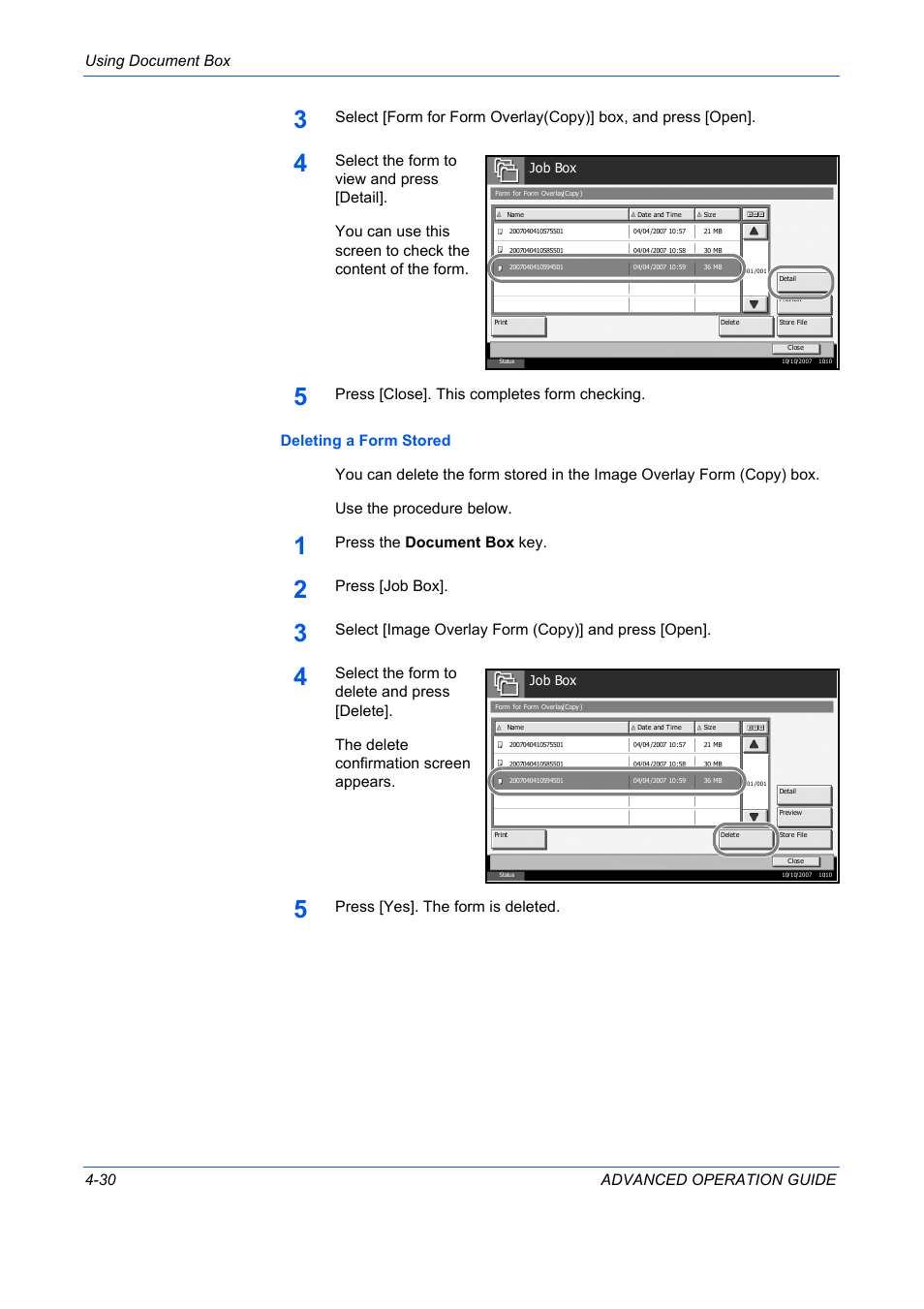 Using document box 4-30 advanced operation guide, Press the document box key, Press [job box | Select [image overlay form (copy)] and press [open, Press [yes]. the form is deleted | TA Triumph-Adler DC 2325 User Manual | Page 148 / 311