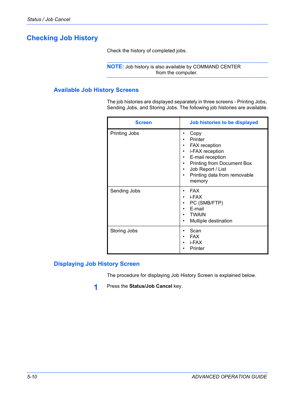 Checking job history, Available job history screens, Displaying job history screen | Checking job history -10 | TA Triumph-Adler DC 2325 User Manual | Page 158 / 311