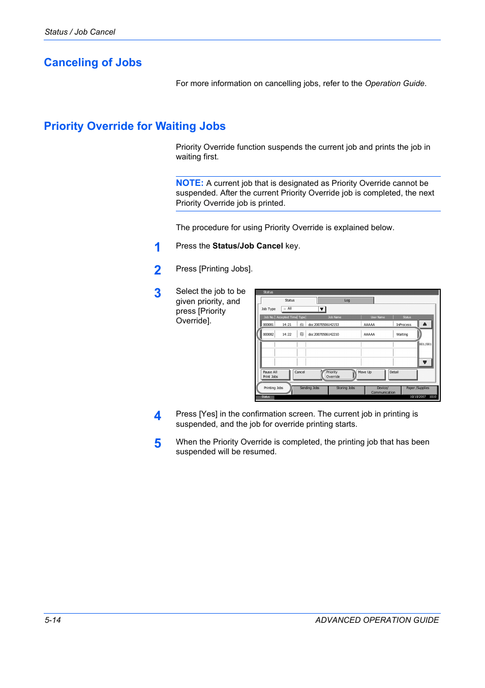 Canceling of jobs, Priority override for waiting jobs, Canceling of jobs -14 | Priority override for waiting jobs -14, Status / job cancel 5-14 advanced operation guide, Press the status/job cancel key, Press [printing jobs | TA Triumph-Adler DC 2325 User Manual | Page 162 / 311