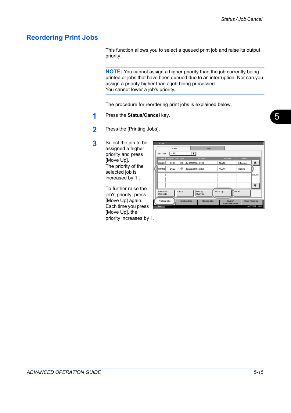 Reordering print jobs, Reordering print jobs -15, Status / job cancel advanced operation guide 5-15 | Press the status/cancel key, Press the [printing jobs | TA Triumph-Adler DC 2325 User Manual | Page 163 / 311