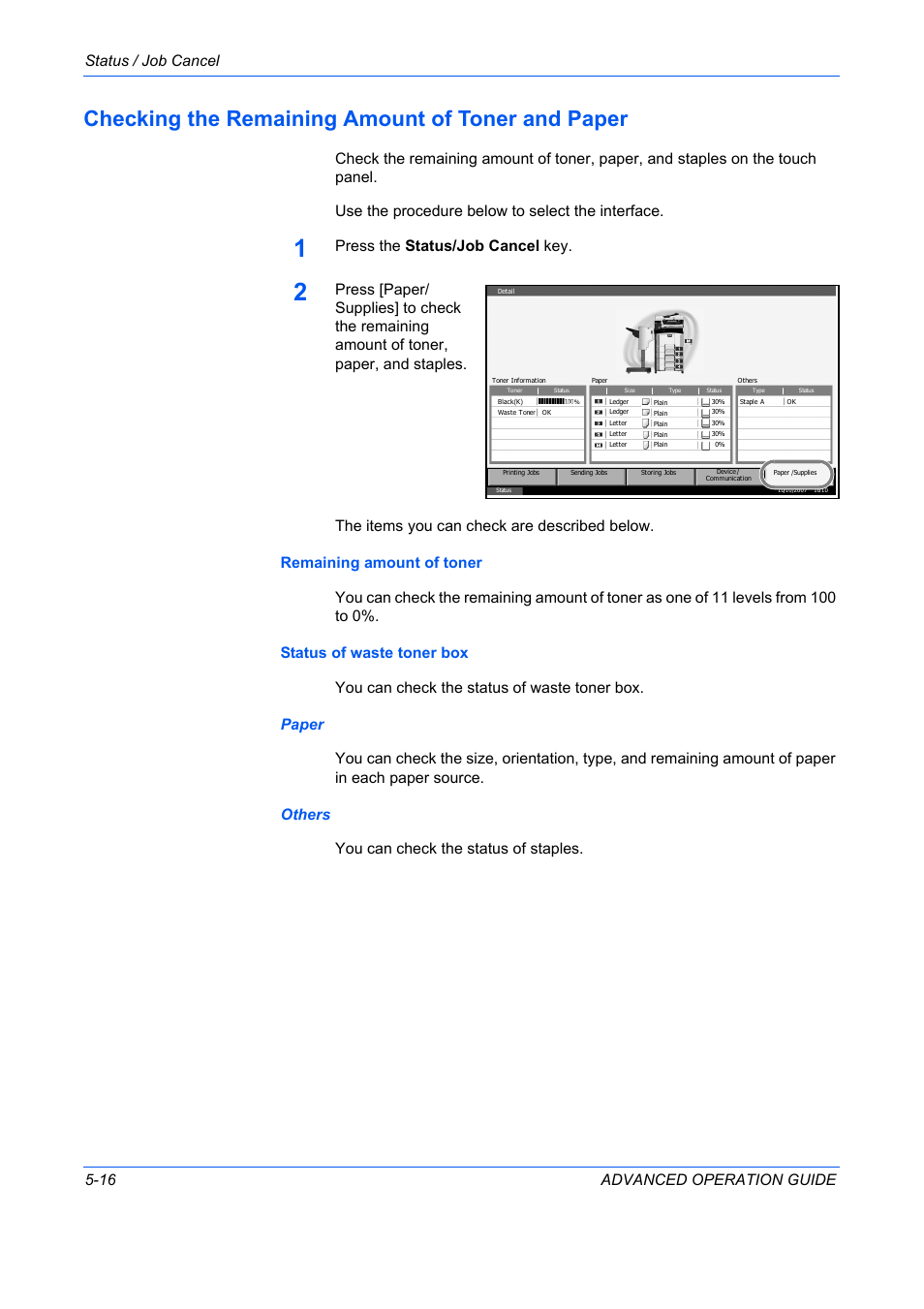 Checking the remaining amount of toner and paper, Status / job cancel 5-16 advanced operation guide, Press the status/job cancel key | TA Triumph-Adler DC 2325 User Manual | Page 164 / 311