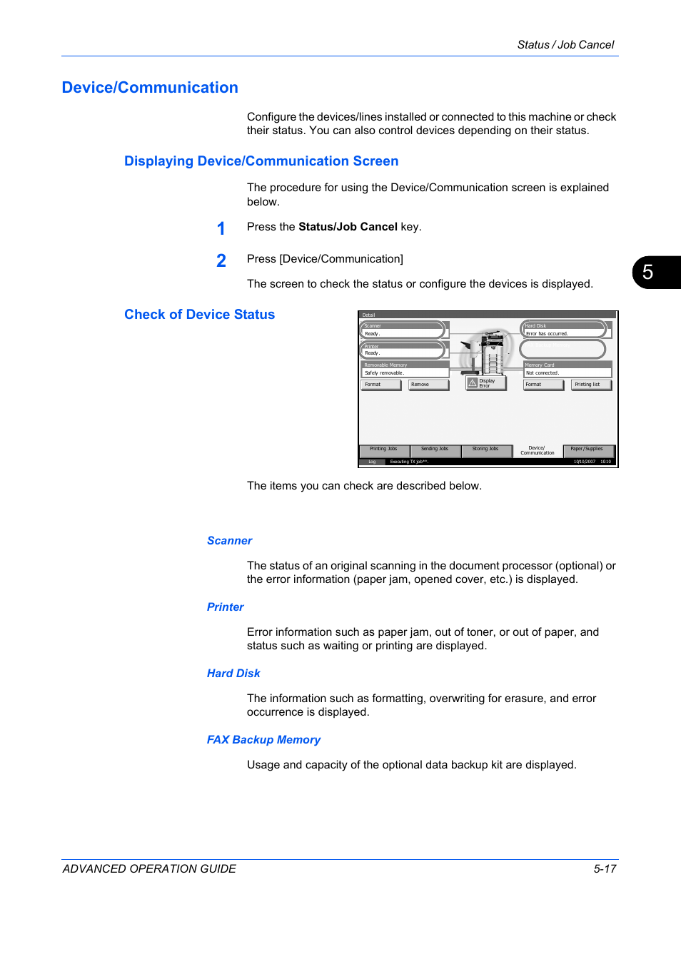 Device/communication, Displaying device/communication screen, Check of device status | Device/communication -17, Status / job cancel advanced operation guide 5-17, Press the status/job cancel key | TA Triumph-Adler DC 2325 User Manual | Page 165 / 311