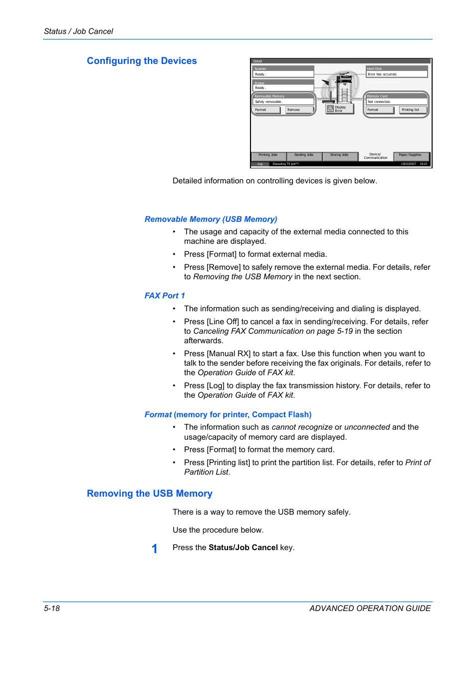 Configuring the devices, Removing the usb memory, Status / job cancel 5-18 advanced operation guide | Press the status/job cancel key | TA Triumph-Adler DC 2325 User Manual | Page 166 / 311