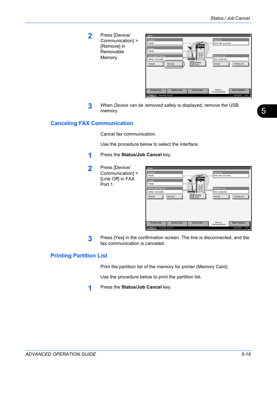 Canceling fax communication, Printing partition list, Status / job cancel advanced operation guide 5-19 | Press the status/job cancel key | TA Triumph-Adler DC 2325 User Manual | Page 167 / 311