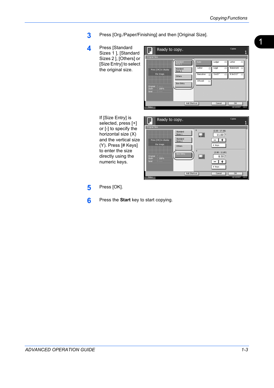 Copying functions advanced operation guide 1-3, Press [ok, Press the start key to start copying | Ready to copy | TA Triumph-Adler DC 2325 User Manual | Page 17 / 311