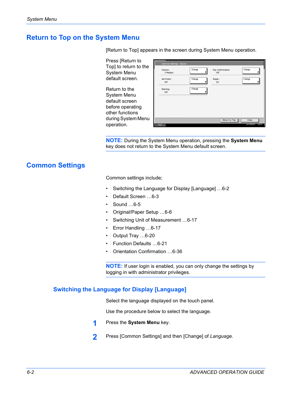 Return to top on the system menu, Common settings, Switching the language for display [language | Common settings -2 | TA Triumph-Adler DC 2325 User Manual | Page 170 / 311