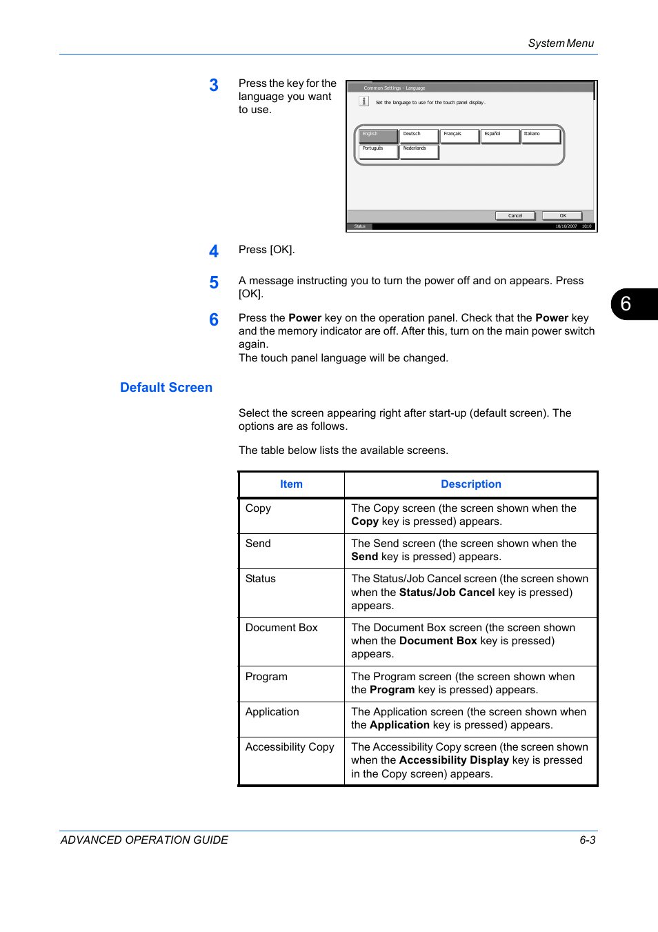 Default screen, Default screen …6-3 | TA Triumph-Adler DC 2325 User Manual | Page 171 / 311