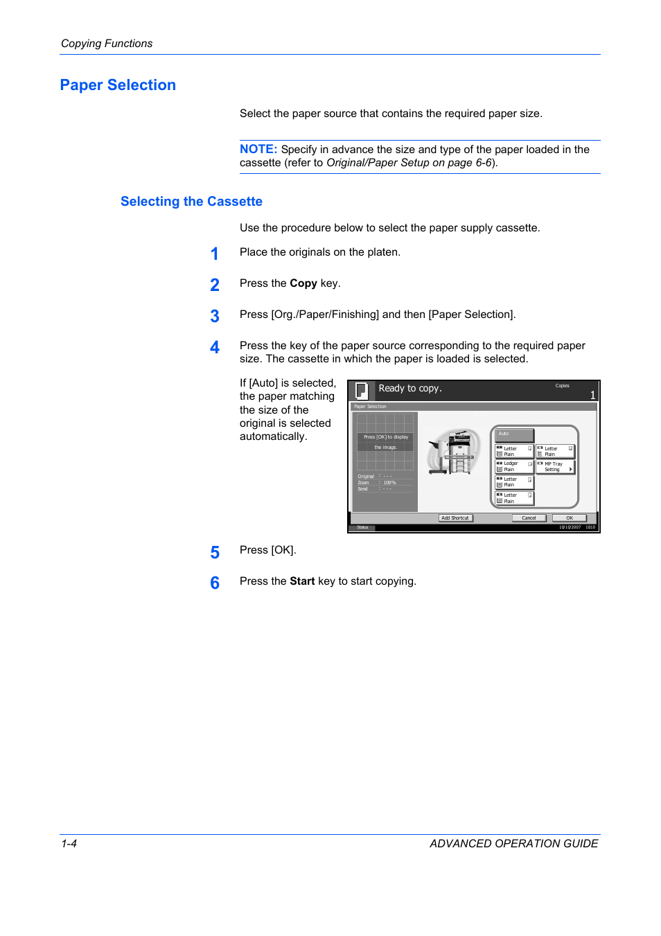 Paper selection, Selecting the cassette, Paper selection -4 | TA Triumph-Adler DC 2325 User Manual | Page 18 / 311