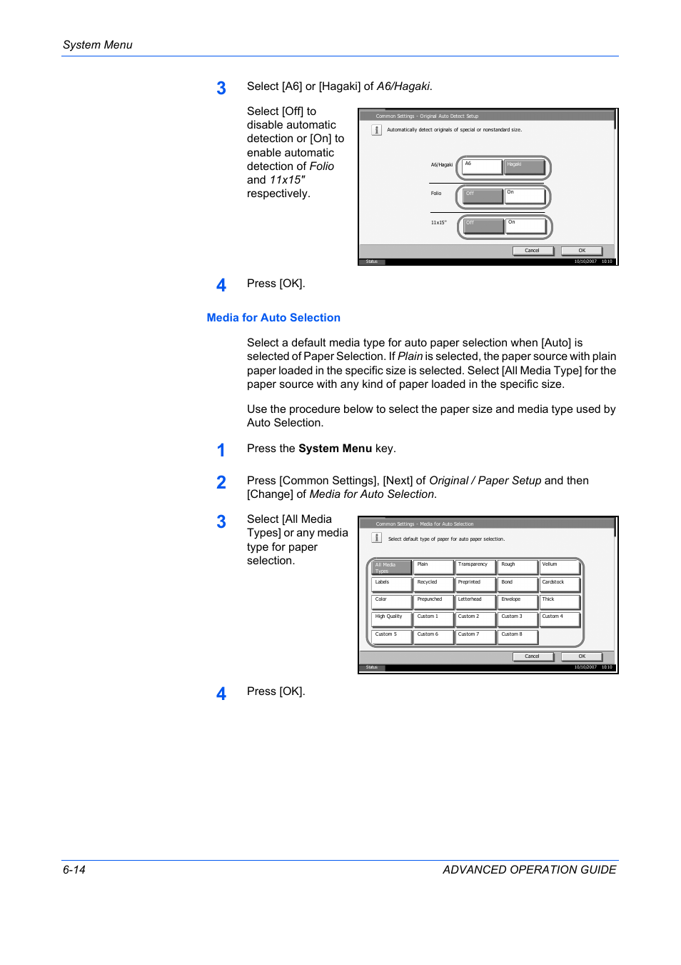 System menu 6-14 advanced operation guide, Press the system menu key, Press [ok | TA Triumph-Adler DC 2325 User Manual | Page 182 / 311