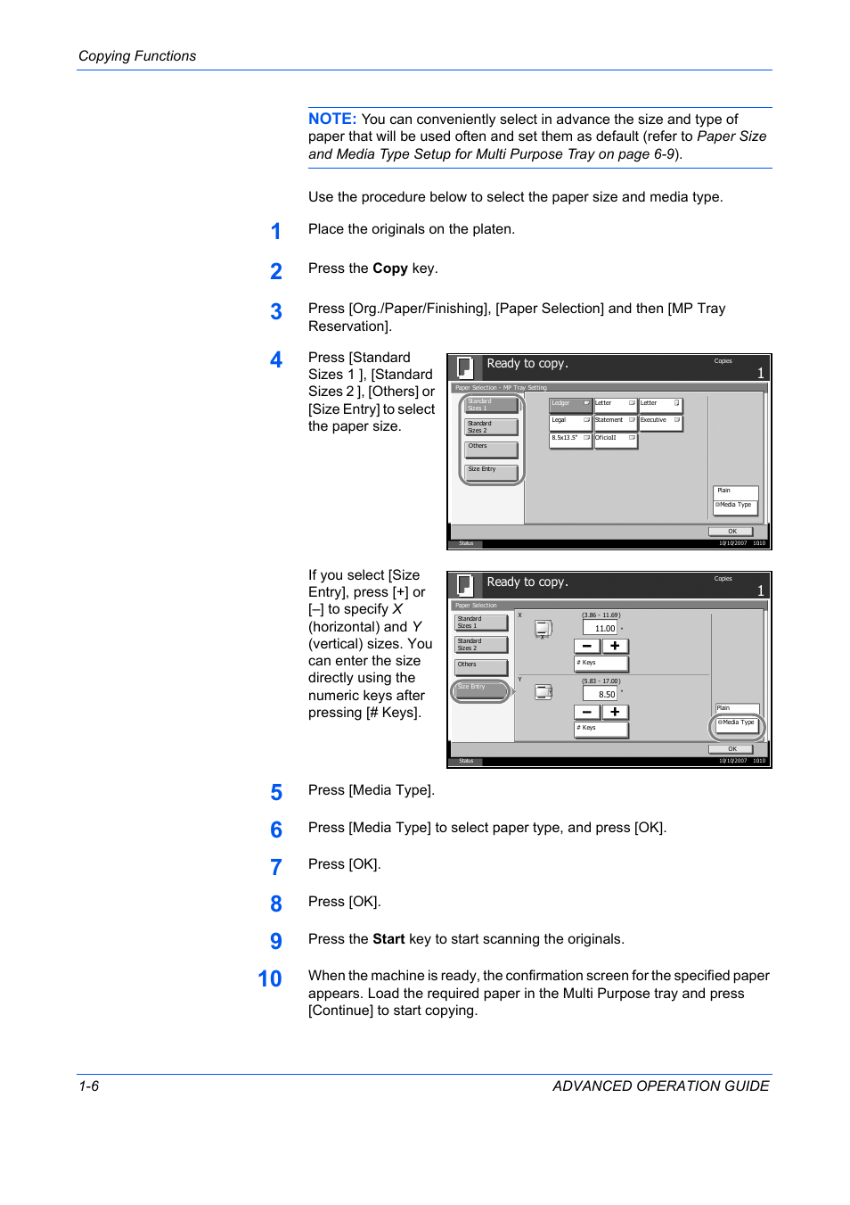 Copying functions 1-6 advanced operation guide, Place the originals on the platen, Press the copy key | Press [media type, Press [ok | TA Triumph-Adler DC 2325 User Manual | Page 20 / 311