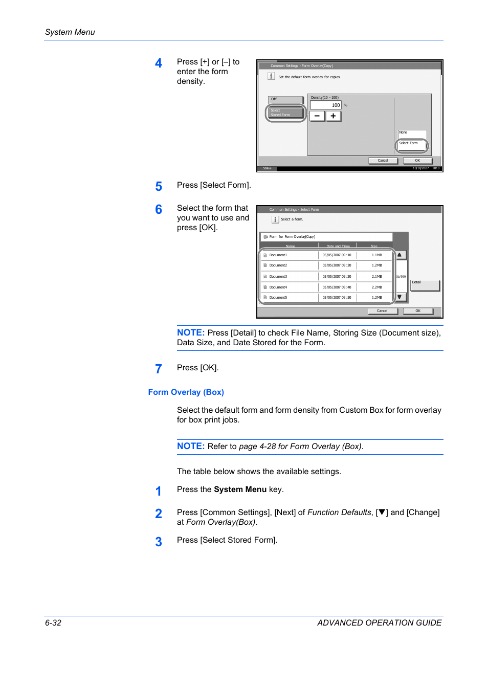 System menu 6-32 advanced operation guide, Press [+] or [–] to enter the form density, Press [select form | Select the form that you want to use and press [ok, Press the system menu key, Press [select stored form | TA Triumph-Adler DC 2325 User Manual | Page 200 / 311