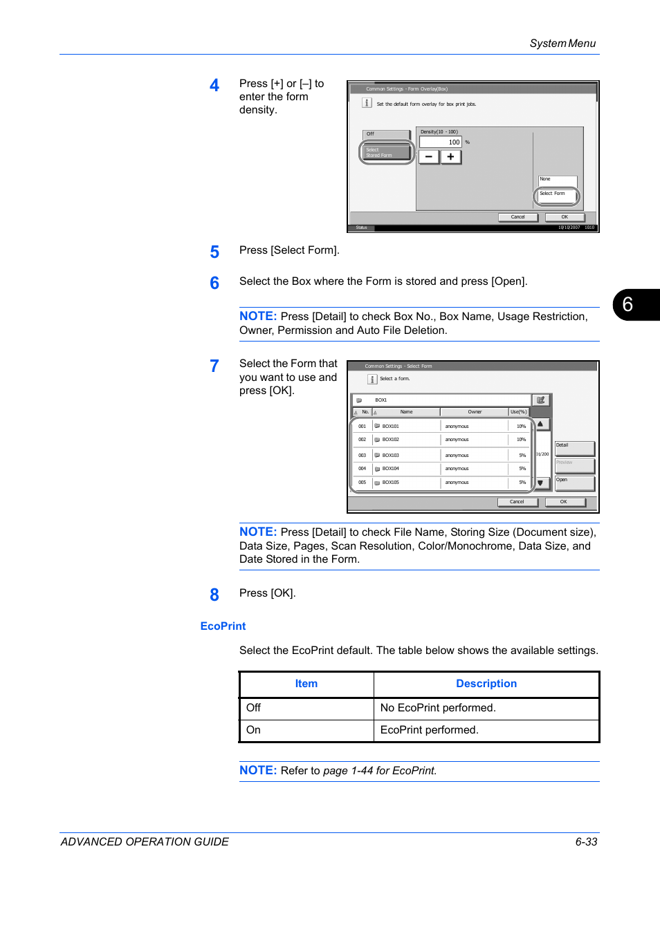 System menu advanced operation guide 6-33, Press [+] or [–] to enter the form density, Press [select form | Select the form that you want to use and press [ok, Refer to page 1-44 for ecoprint | TA Triumph-Adler DC 2325 User Manual | Page 201 / 311