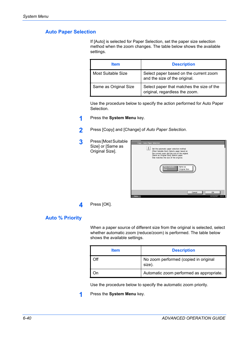 Auto paper selection, Auto % priority, Auto paper selection …6-40 | Auto % priority …6-40 | TA Triumph-Adler DC 2325 User Manual | Page 208 / 311