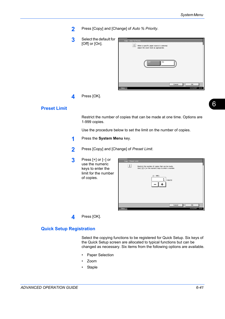 Preset limit, Quick setup registration, Preset limit …6-41 | Quick setup registration …6-41 | TA Triumph-Adler DC 2325 User Manual | Page 209 / 311