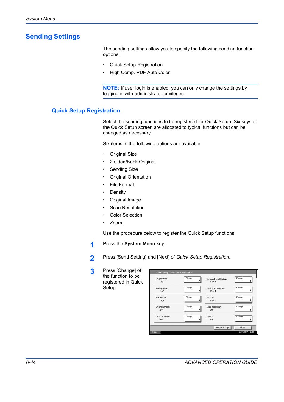 Sending settings, Quick setup registration, Sending settings -44 | System menu 6-44 advanced operation guide, Press the system menu key | TA Triumph-Adler DC 2325 User Manual | Page 212 / 311