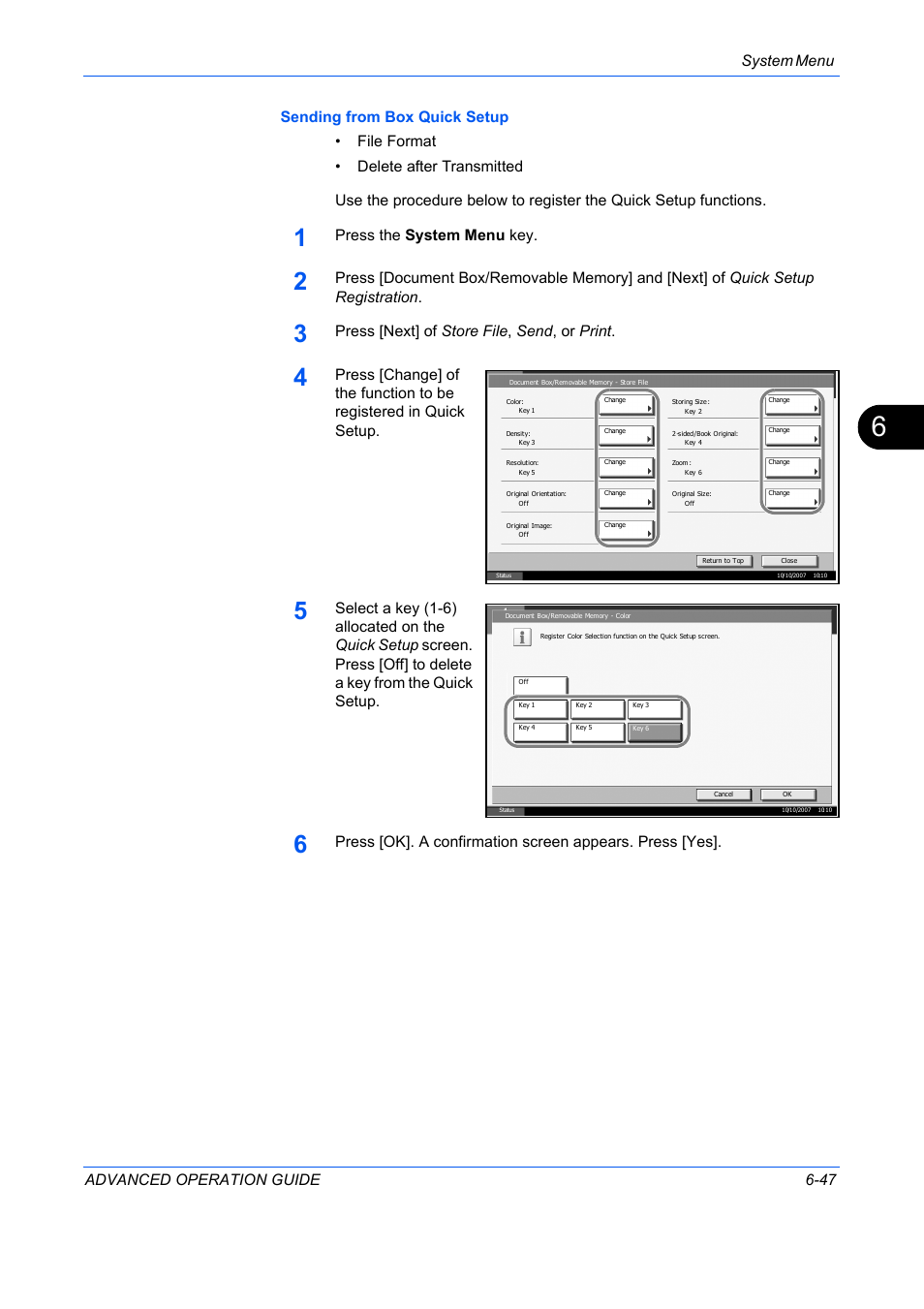 System menu advanced operation guide 6-47, Press the system menu key, Press [next] of store file , send , or print | TA Triumph-Adler DC 2325 User Manual | Page 215 / 311