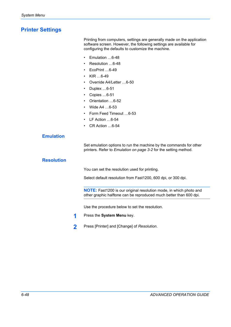 Printer settings, Emulation, Resolution | Printer settings -48 | TA Triumph-Adler DC 2325 User Manual | Page 216 / 311