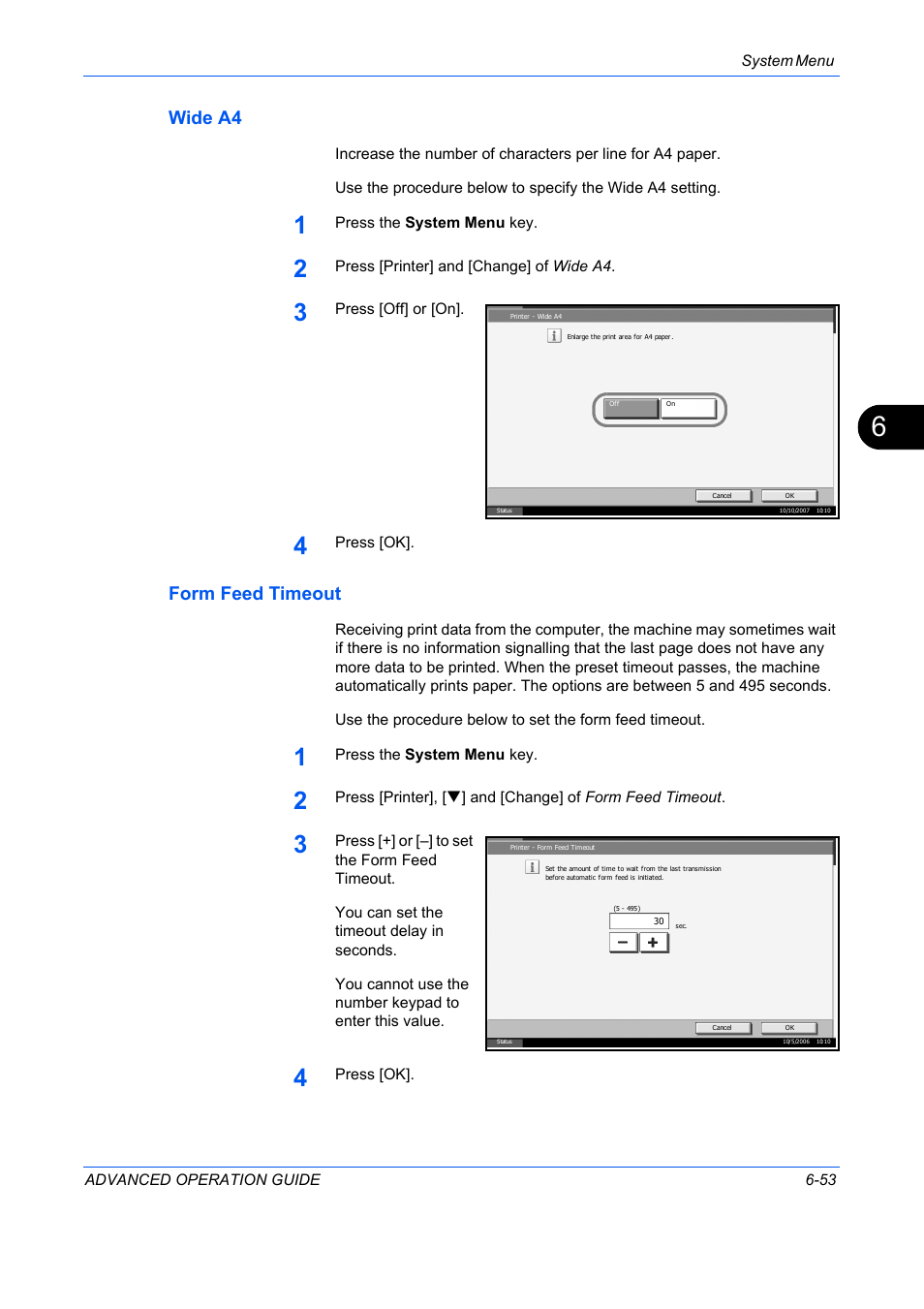 Wide a4, Form feed timeout, Wide a4 …6-53 | Form feed timeout …6-53 | TA Triumph-Adler DC 2325 User Manual | Page 221 / 311