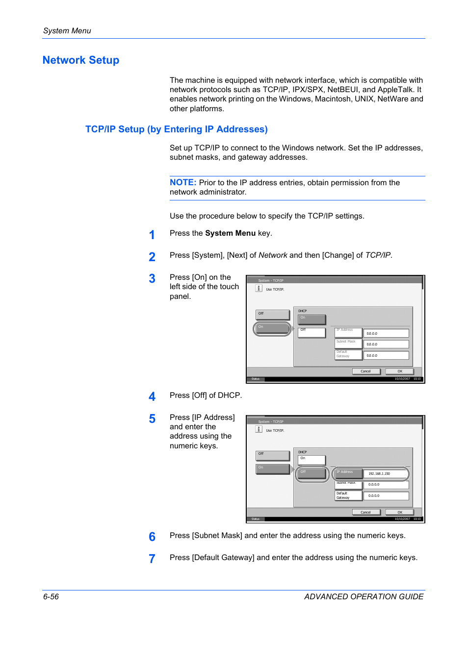 Network setup, Tcp/ip setup (by entering ip addresses), Network setup -56 | System menu 6-56 advanced operation guide, Press the system menu key, Press [on] on the left side of the touch panel, Press [off] of dhcp | TA Triumph-Adler DC 2325 User Manual | Page 224 / 311