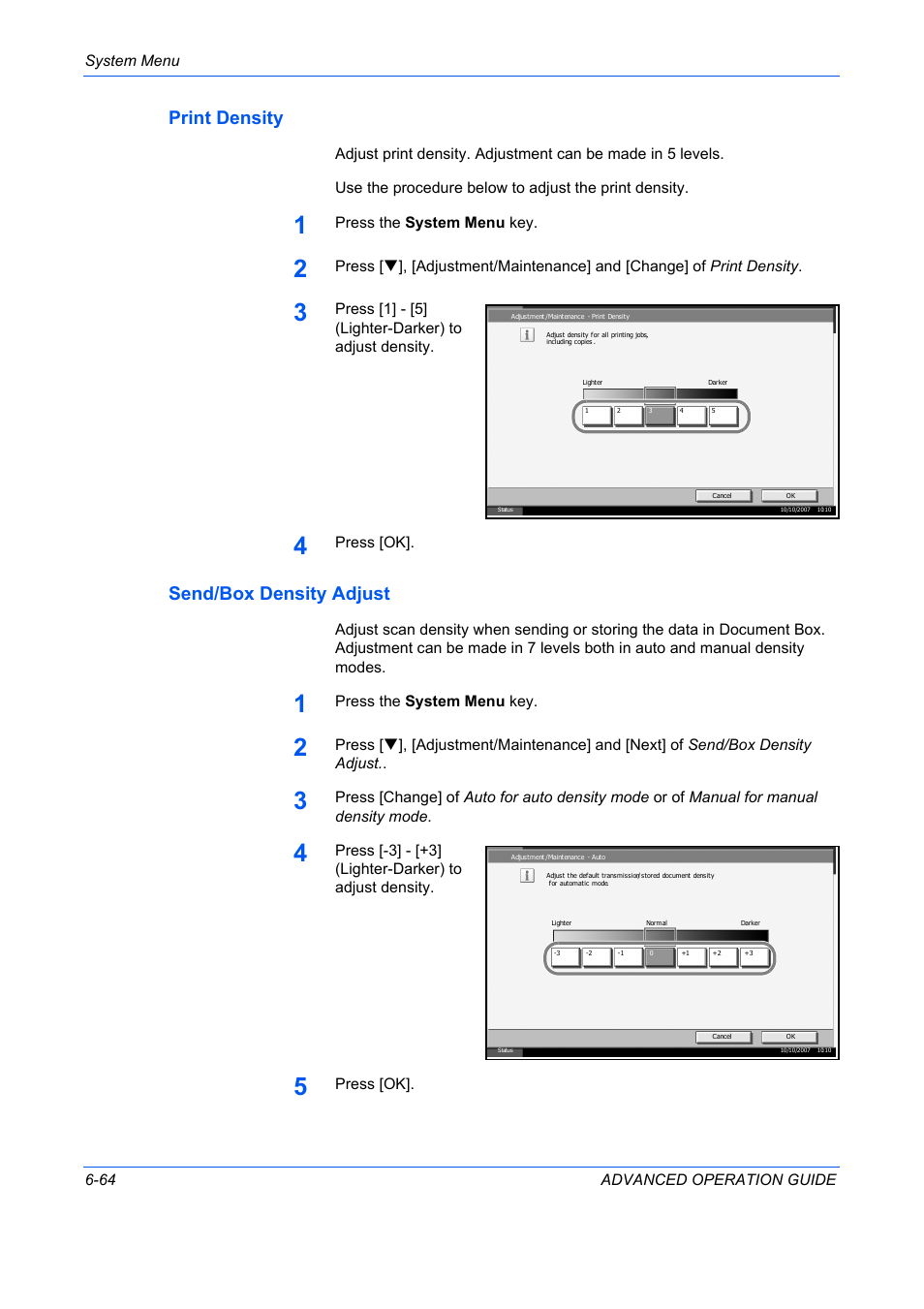Print density, Send/box density adjust, Send/box density adjust …6-64 | TA Triumph-Adler DC 2325 User Manual | Page 232 / 311