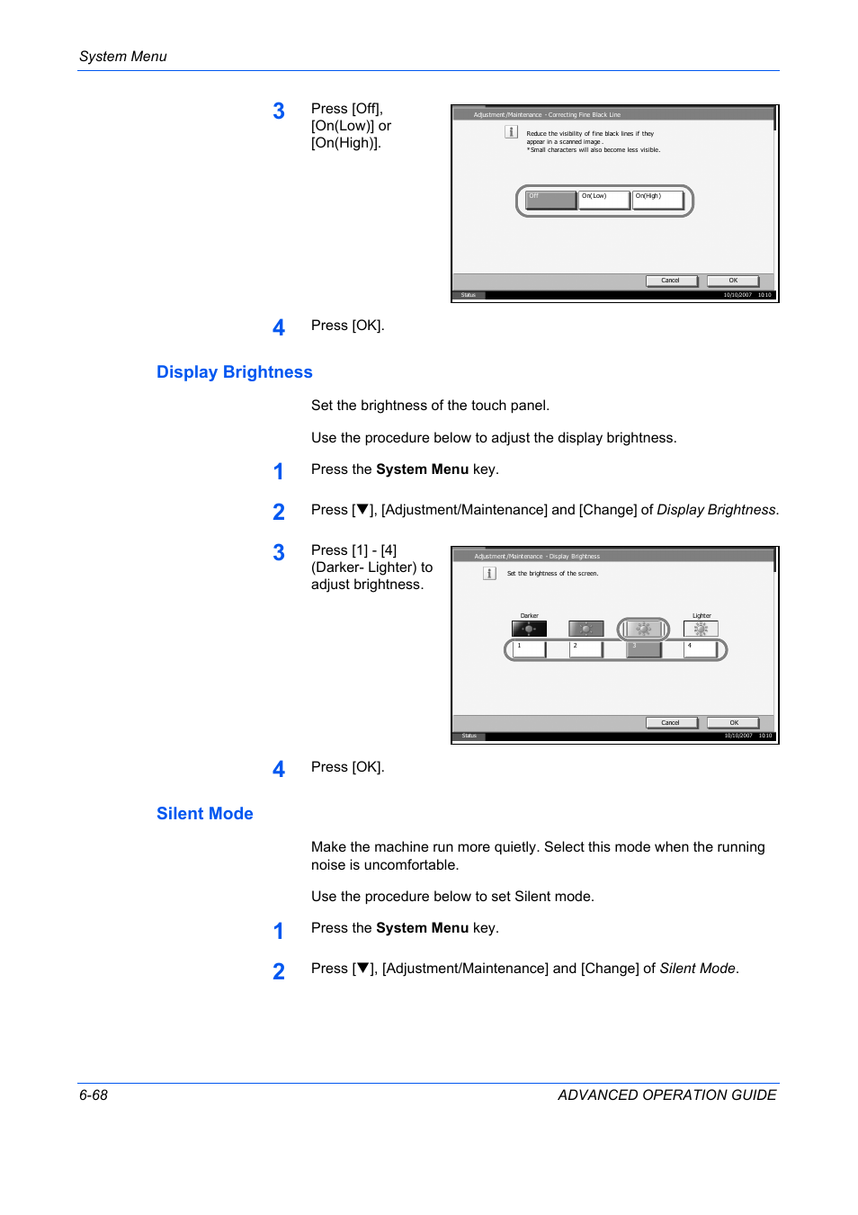 Display brightness, Silent mode, Display brightness …6-68 | Silent mode …6-68 | TA Triumph-Adler DC 2325 User Manual | Page 236 / 311