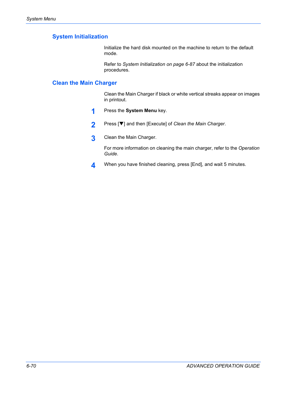 System initialization, Clean the main charger, System initialization …6-70 | Clean the main charger …6-70 | TA Triumph-Adler DC 2325 User Manual | Page 238 / 311
