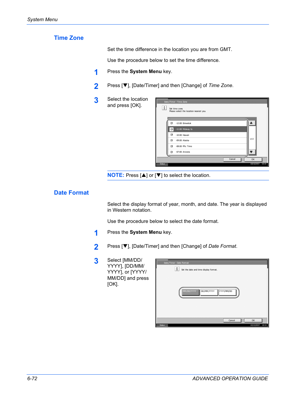 Time zone, Date format, Time zone …6-72 | Date format …6-72 | TA Triumph-Adler DC 2325 User Manual | Page 240 / 311