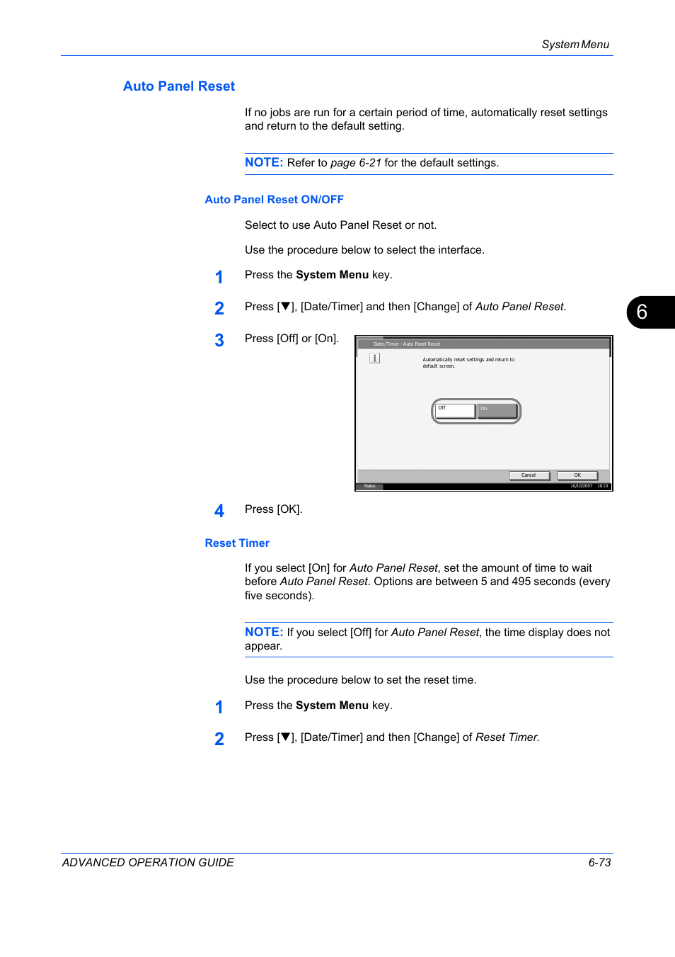 Auto panel reset, Auto panel reset …6-73 | TA Triumph-Adler DC 2325 User Manual | Page 241 / 311