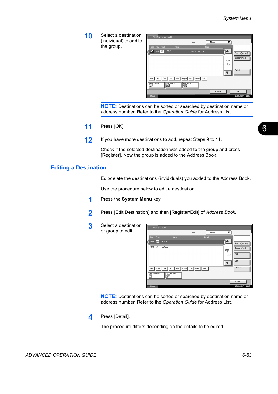 Editing a destination, System menu advanced operation guide 6-83, Press [ok | Press the system menu key, Select a destination or group to edit | TA Triumph-Adler DC 2325 User Manual | Page 251 / 311