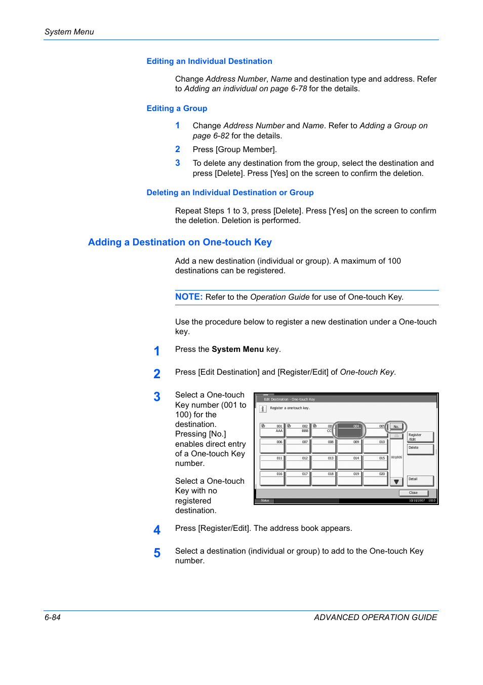 Adding a destination on one-touch key, Press [group member, Press the system menu key | Press [register/edit]. the address book appears | TA Triumph-Adler DC 2325 User Manual | Page 252 / 311