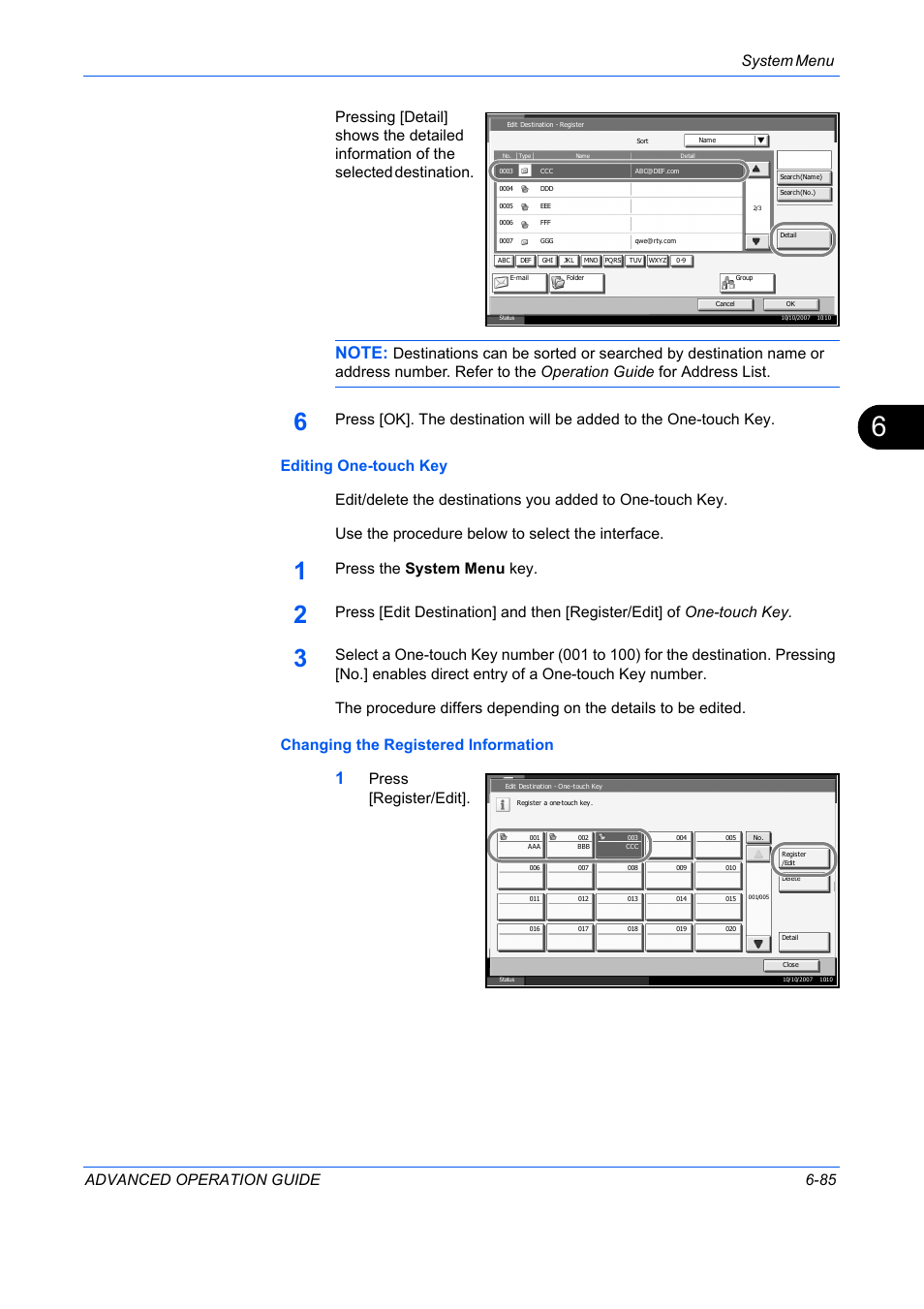 System menu advanced operation guide 6-85, Press the system menu key, Press [register/edit | TA Triumph-Adler DC 2325 User Manual | Page 253 / 311