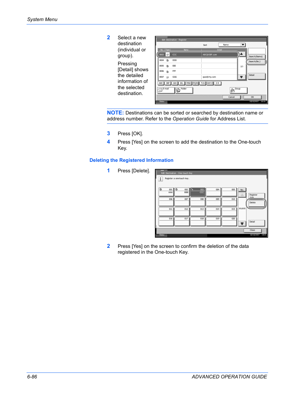 System menu 6-86 advanced operation guide, Press [ok, Press [delete | TA Triumph-Adler DC 2325 User Manual | Page 254 / 311
