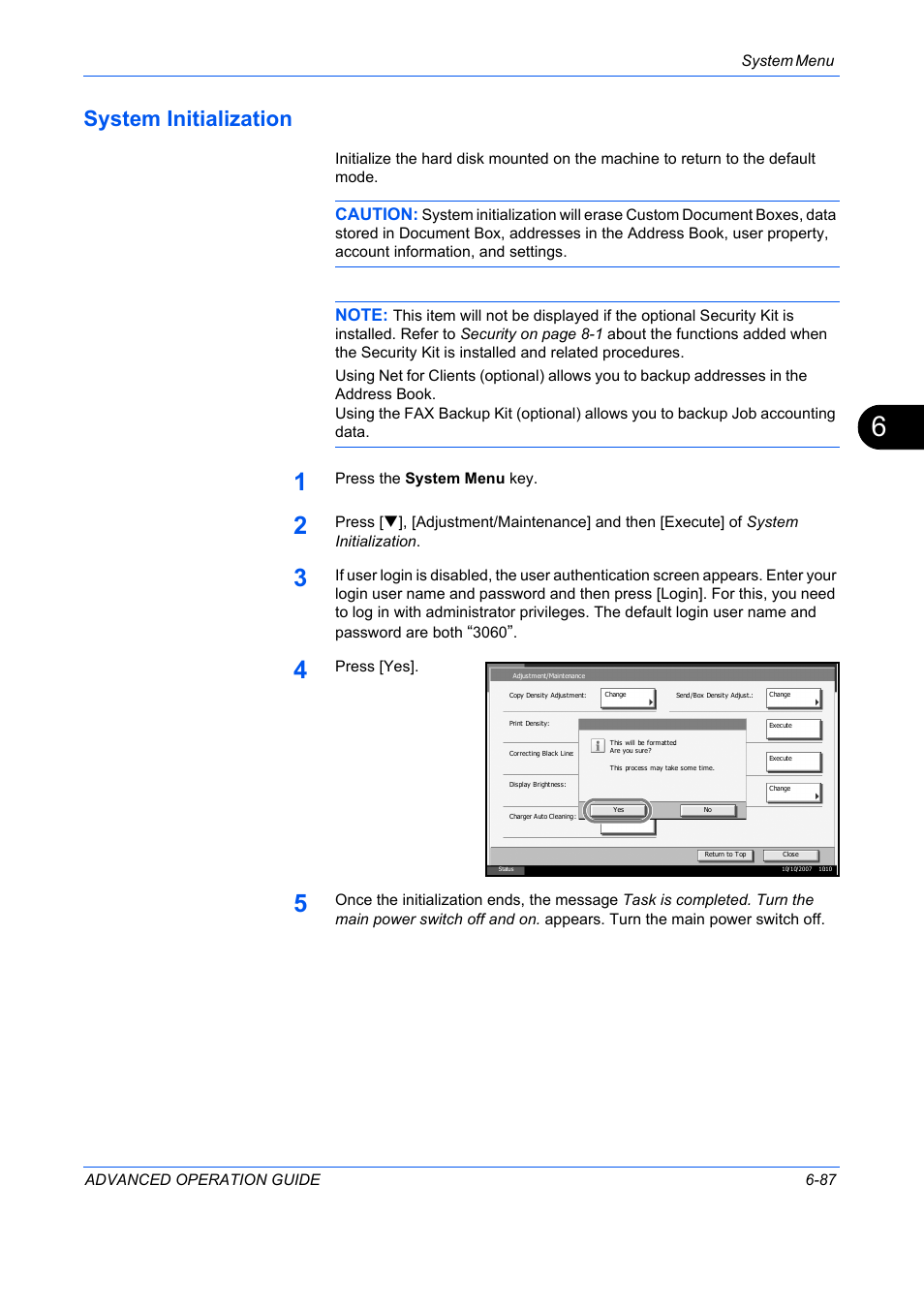 System initialization, System initialization -87, Caution | TA Triumph-Adler DC 2325 User Manual | Page 255 / 311