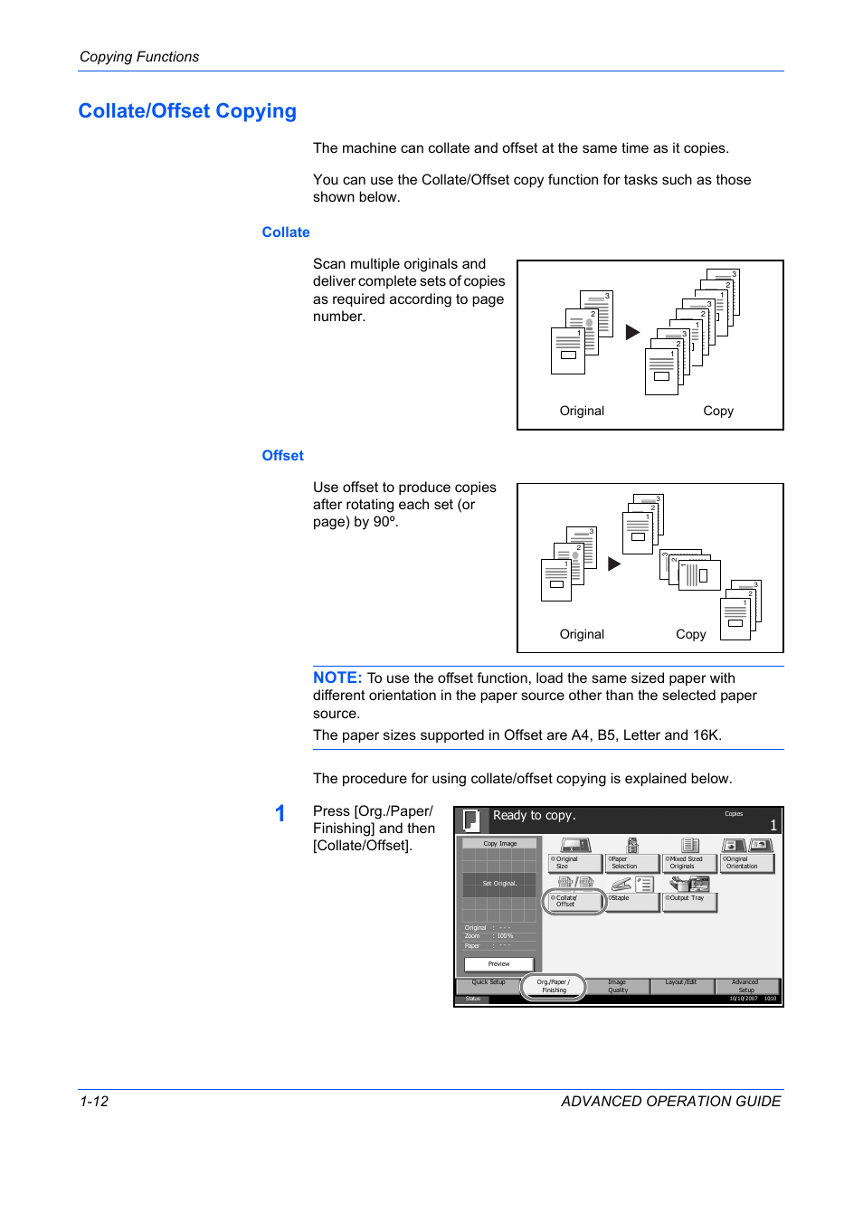 Collate/offset copying, Collate/offset copying -12, Copying functions 1-12 advanced operation guide | Original copy, Ready to copy | TA Triumph-Adler DC 2325 User Manual | Page 26 / 311