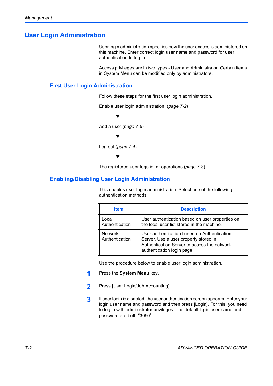 User login administration, First user login administration, Enabling/disabling user login administration | User login administration -2 | TA Triumph-Adler DC 2325 User Manual | Page 260 / 311