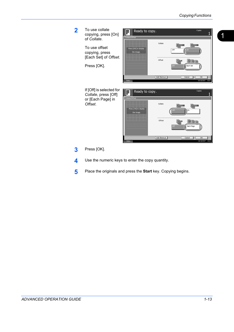 Copying functions advanced operation guide 1-13, Press [ok, Use the numeric keys to enter the copy quantity | TA Triumph-Adler DC 2325 User Manual | Page 27 / 311