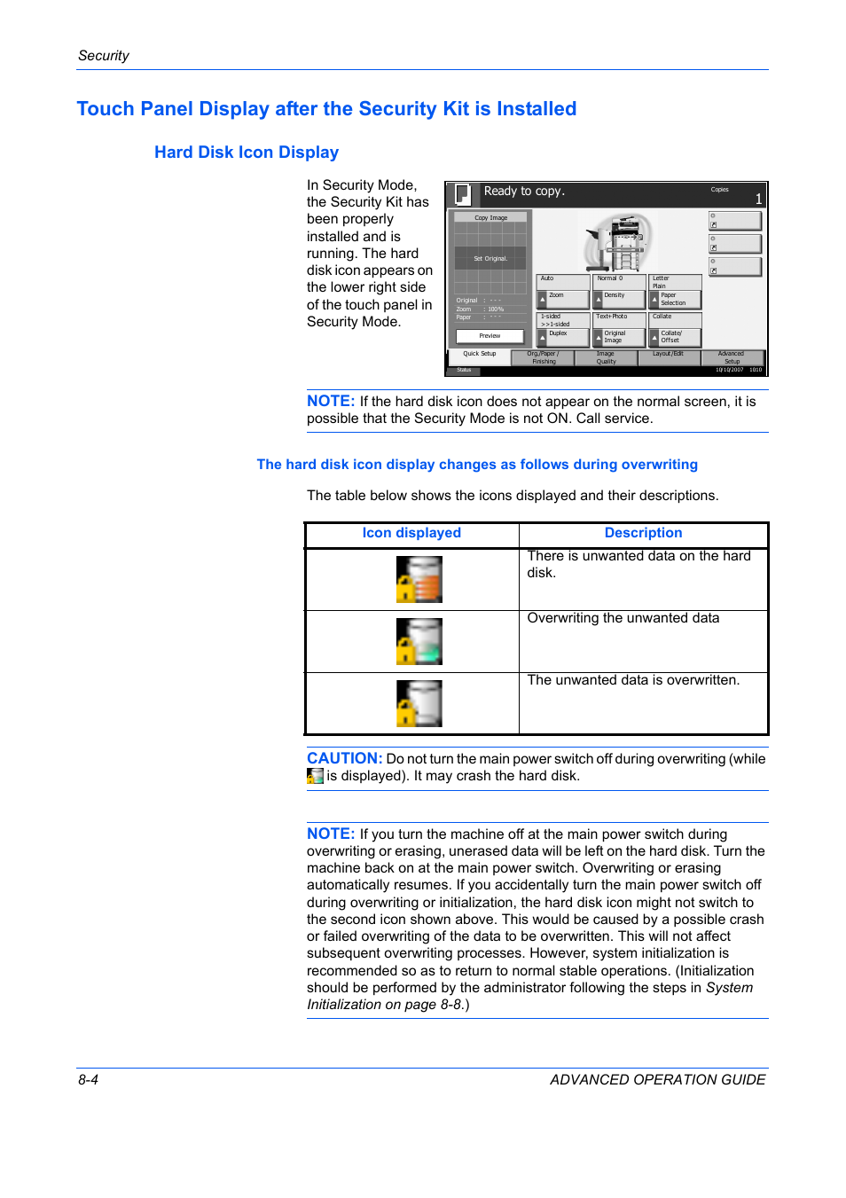 Hard disk icon display, Caution, Security 8-4 advanced operation guide | TA Triumph-Adler DC 2325 User Manual | Page 286 / 311