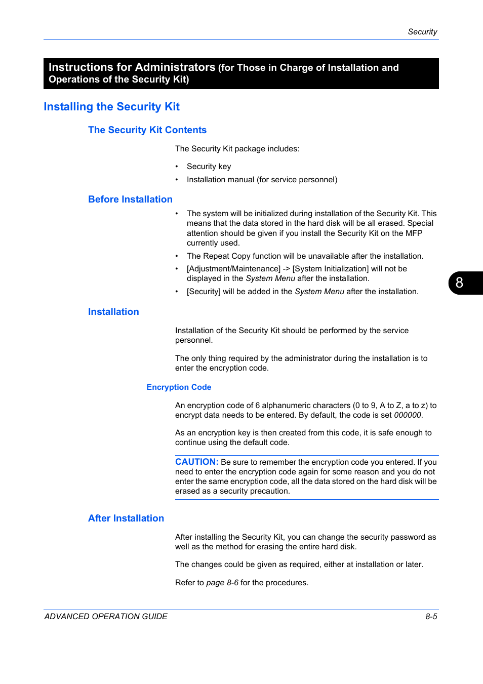 Installing the security kit, The security kit contents, Before installation | Installation, After installation, Installing the security kit -5, Instructions for administrators | TA Triumph-Adler DC 2325 User Manual | Page 287 / 311
