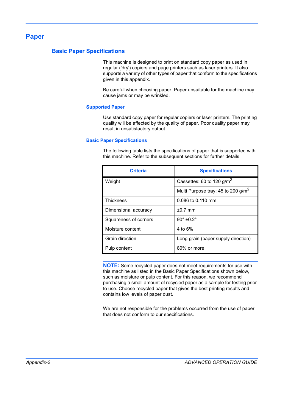 Paper, Basic paper specifications | TA Triumph-Adler DC 2325 User Manual | Page 294 / 311