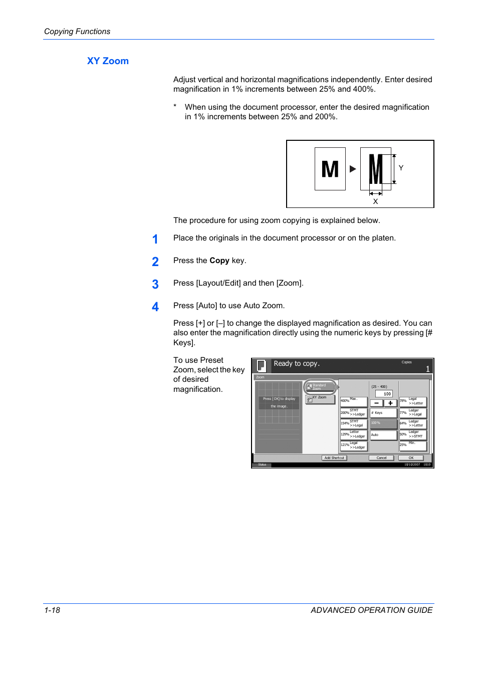 Xy zoom, Copying functions 1-18 advanced operation guide, Press the copy key | Press [layout/edit] and then [zoom | TA Triumph-Adler DC 2325 User Manual | Page 32 / 311