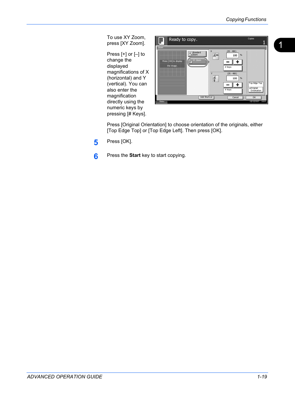 Copying functions advanced operation guide 1-19, Press [ok, Press the start key to start copying | TA Triumph-Adler DC 2325 User Manual | Page 33 / 311