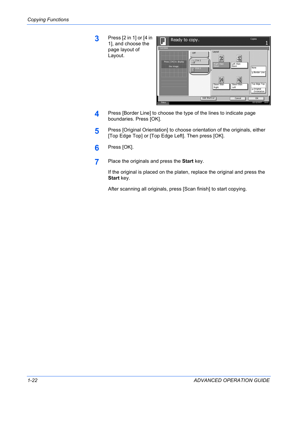 Copying functions 1-22 advanced operation guide, Press [ok | TA Triumph-Adler DC 2325 User Manual | Page 36 / 311
