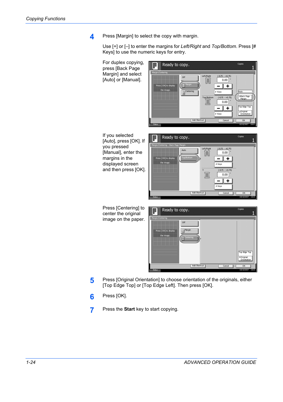 Copying functions 1-24 advanced operation guide, Press [ok, Press the start key to start copying | Ready to copy | TA Triumph-Adler DC 2325 User Manual | Page 38 / 311